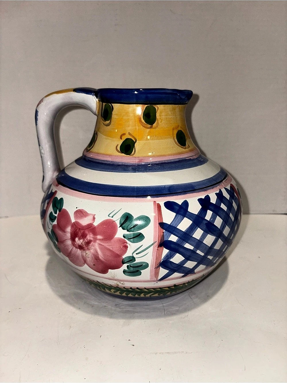 Hand-Painted Floral Ceramic Pitcher Blue & Yellow